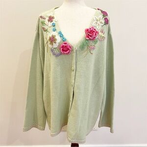 Storybook Knits Cardigan Womens 3X Green Crochet Flowers Beads Cottage Granny